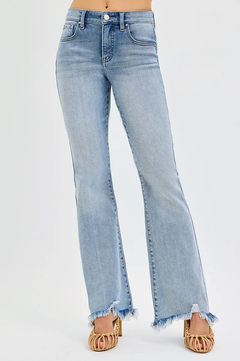 RISEN Tummy Control Mid Rise Flare Jeans with Fray Hem-RISEN Tummy Control Mid Rise Flare Jeans with Fray Hem in Standard and Plus Size. These mid-rise flare jeans with fray hem offer both style and comfort.