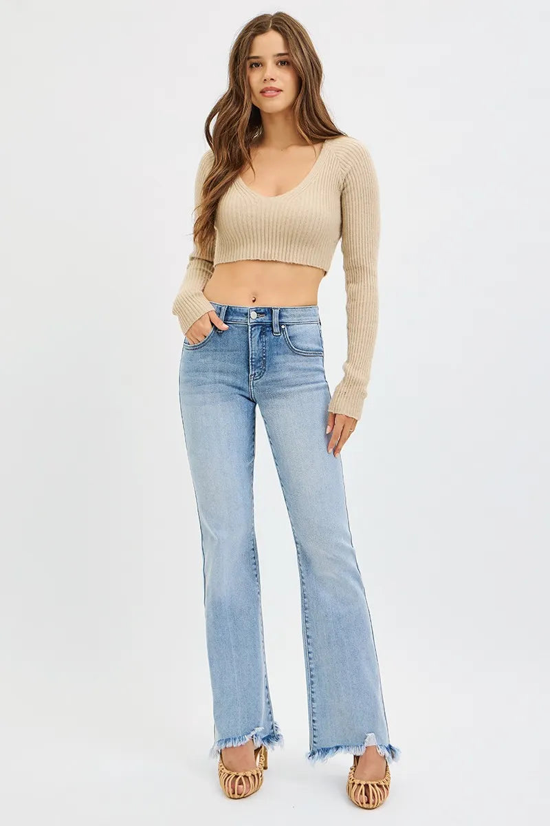 RISEN Tummy Control Mid Rise Flare Jeans with Fray Hem-RISEN Tummy Control Mid Rise Flare Jeans with Fray Hem in Standard and Plus Size. These mid-rise flare jeans with fray hem offer both style and comfort.