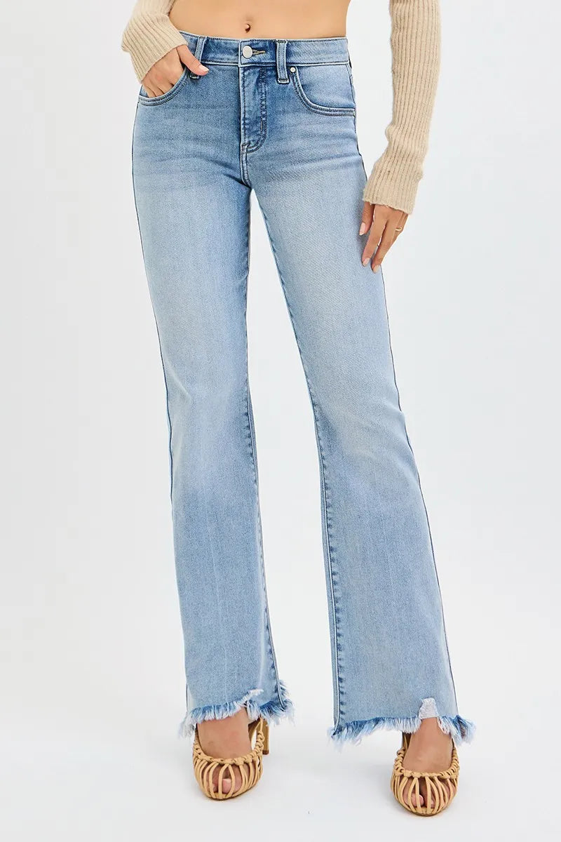 RISEN Tummy Control Mid Rise Flare Jeans with Fray Hem-RISEN Tummy Control Mid Rise Flare Jeans with Fray Hem in Standard and Plus Size. These mid-rise flare jeans with fray hem offer both style and comfort.