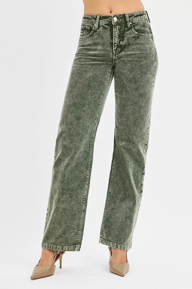 RISEN Tummy Control Mid Rise Straight Leg Corduroy Pants, Forest Green- Boho Chic Styles by Reef Love