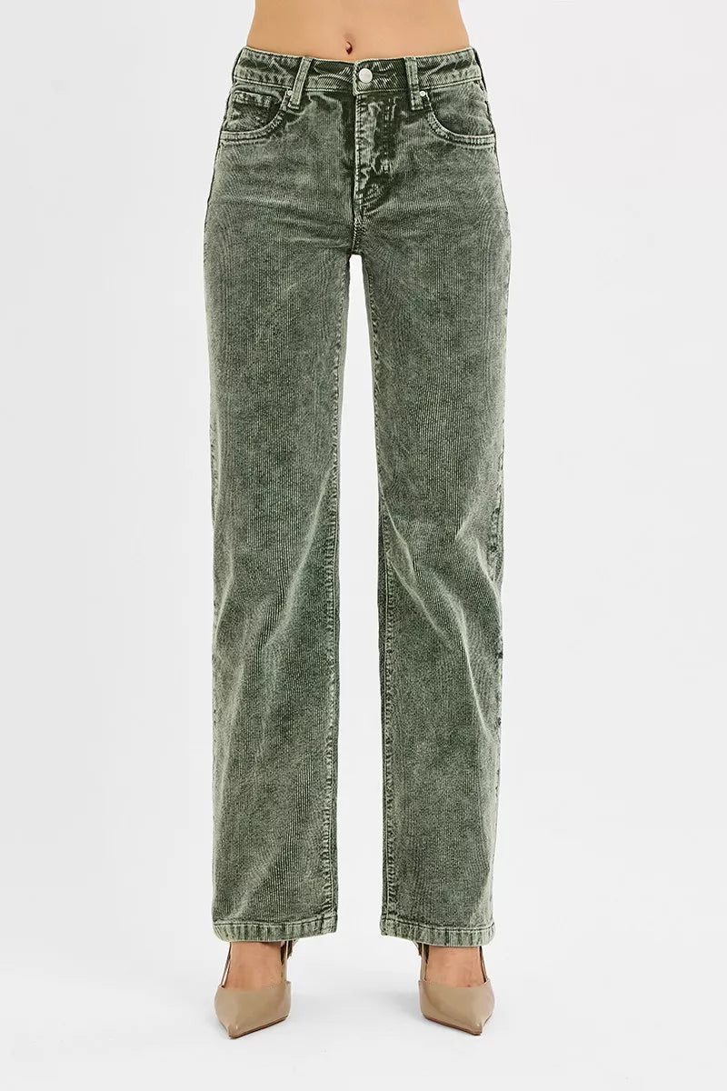 RISEN Tummy Control Mid Rise Straight Leg Corduroy Pants, Forest Green- Boho Chic Styles by Reef Love