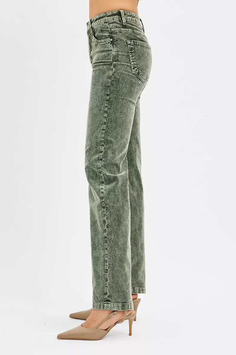 RISEN Tummy Control Mid Rise Straight Leg Corduroy Pants, Forest Green- Boho Chic Styles by Reef Love