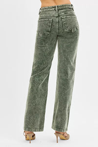 RISEN Tummy Control Mid Rise Straight Leg Corduroy Pants, Forest Green- Boho Chic Styles by Reef Love