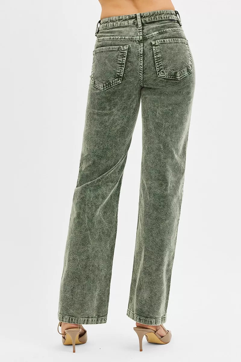 RISEN Tummy Control Mid Rise Straight Leg Corduroy Pants, Forest Green- Boho Chic Styles by Reef Love