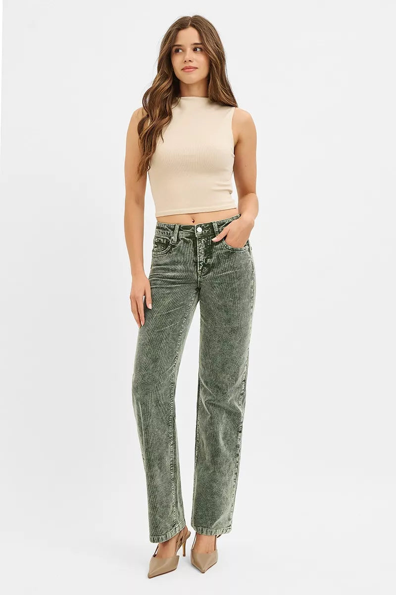 RISEN Tummy Control Mid Rise Straight Leg Corduroy Pants, Forest Green-RISEN-Reef Love Boutique