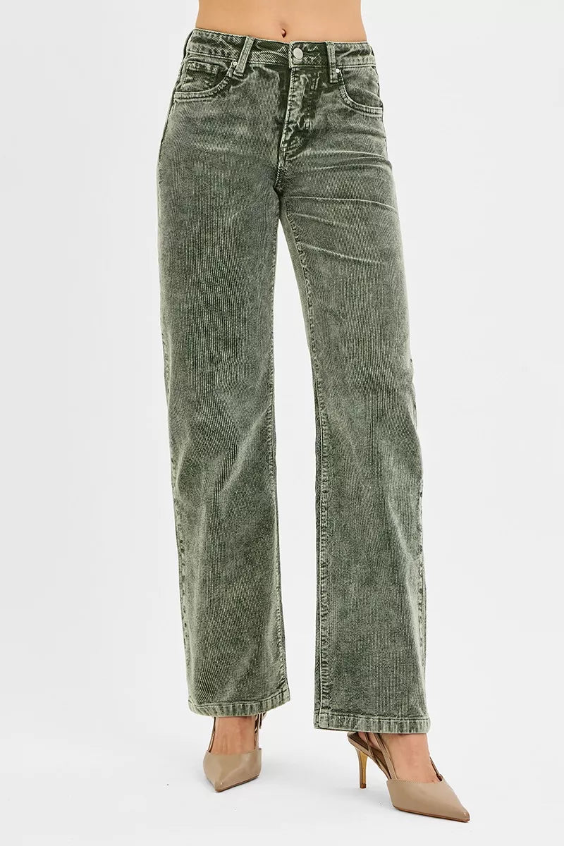 RISEN Tummy Control Mid Rise Straight Leg Corduroy Pants, Forest Green- Boho Chic Styles by Reef Love