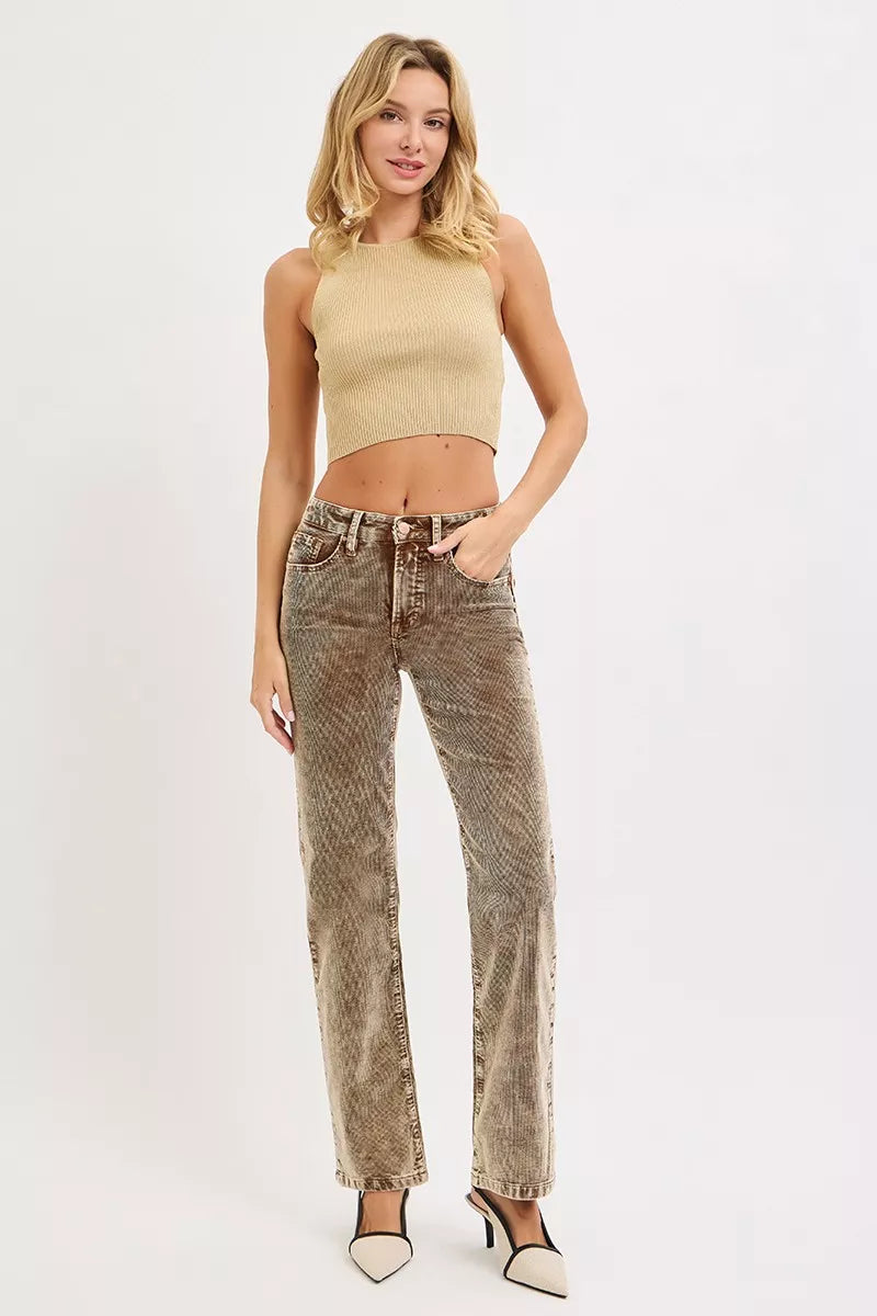RISEN Tummy Control Mid Rise Straight Leg Corduroy Pants, Mocha-RISEN-Reef Love Boutique
