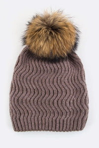 Raccoon Fur Detachable PomPom Chevron Knit Beanie