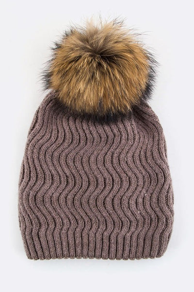 Raccoon Fur Detachable PomPom Chevron Knit Beanie