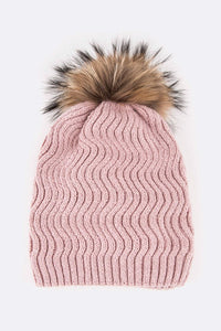 Raccoon Fur Detachable PomPom Chevron Knit Beanie