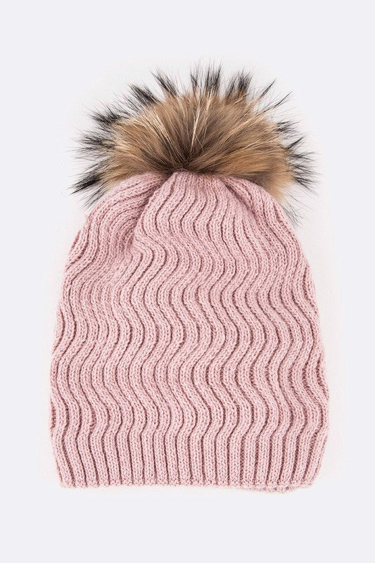 Raccoon Fur Detachable PomPom Chevron Knit Beanie