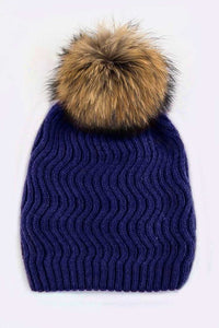 Raccoon Fur Detachable PomPom Chevron Knit Beanie