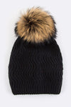 Raccoon Fur Detachable PomPom Chevron Knit Beanie