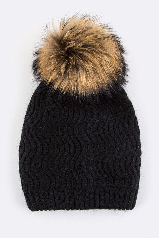Raccoon Fur Detachable PomPom Chevron Knit Beanie