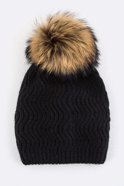 Raccoon Fur Detachable PomPom Chevron Knit Beanie