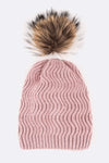 Raccoon Fur Detachable PomPom Chevron Knit Beanie