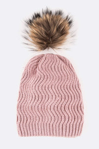 Raccoon Fur Detachable PomPom Chevron Knit Beanie