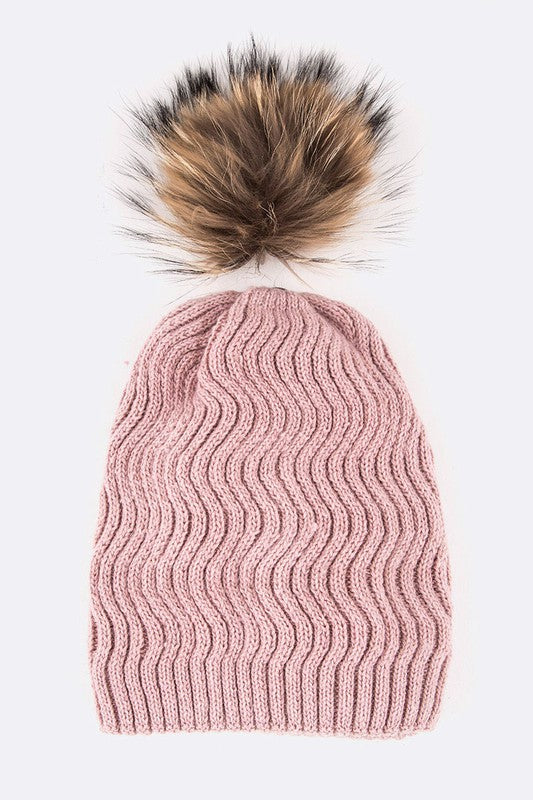 Raccoon Fur Detachable PomPom Chevron Knit Beanie