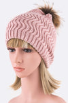 Raccoon Fur Detachable PomPom Chevron Knit Beanie