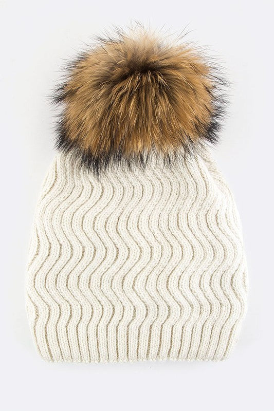 Raccoon Fur Detachable PomPom Chevron Knit Beanie