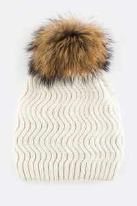 Raccoon Fur Detachable PomPom Chevron Knit Beanie