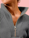 Raglan Balloon Sleeves Ribbed Sweater-Charcoal gray ribbed sweater with raglan balloon sleeves, mock neck, and half-zip closure. Chic stretch knit for casual or smart-casual styling.-Reef Love