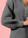 Raglan Balloon Sleeves Ribbed Sweater-Charcoal gray ribbed sweater with raglan balloon sleeves, mock neck, and half-zip closure. Chic stretch knit for casual or smart-casual styling.-Reef Love