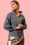 Raglan Balloon Sleeves Ribbed Sweater-Charcoal gray ribbed sweater with raglan balloon sleeves, mock neck, and half-zip closure. Chic stretch knit for casual or smart-casual styling.-Reef Love