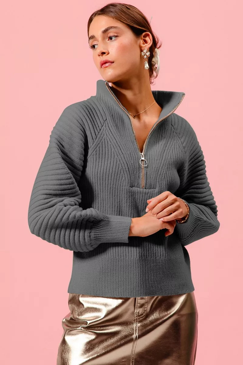 Raglan Balloon Sleeves Ribbed Sweater-Charcoal gray ribbed sweater with raglan balloon sleeves, mock neck, and half-zip closure. Chic stretch knit for casual or smart-casual styling.-Reef Love