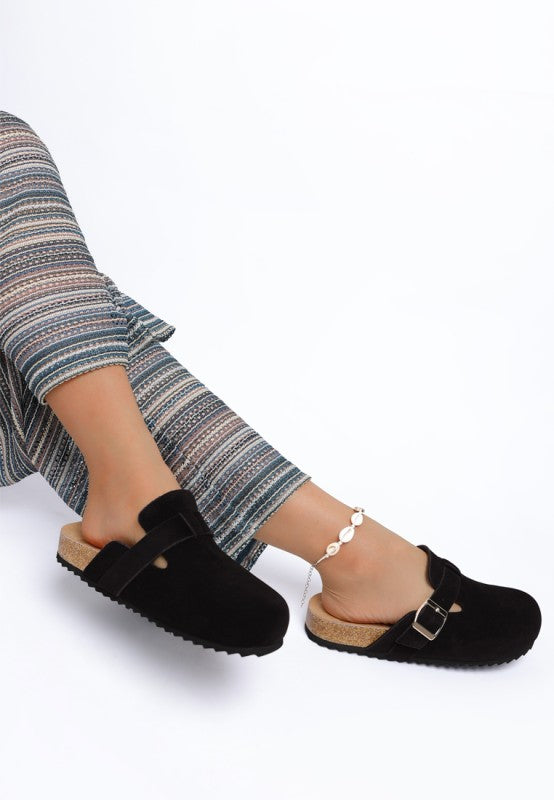 Ratiha Buckle Accent Slip-On Mules-Ratiha buckle accent slip-on mule flats by Rag & Co. Faux suede clogs with gold buckle, cushioned insole & 1" heel. Chic comfort for everyday outfits.
