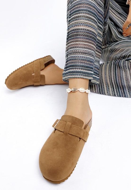 Ratiha Buckle Accent Slip-On Mules-Ratiha buckle accent slip-on mule flats by Rag & Co. Faux suede clogs with gold buckle, cushioned insole & 1" heel. Chic comfort for everyday outfits.