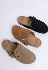 Ratiha Buckle Accent Slip-On Mules-Ratiha buckle accent slip-on mule flats by Rag & Co. Faux suede clogs with gold buckle, cushioned insole & 1" heel. Chic comfort for everyday outfits.