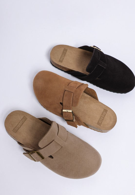 Ratiha Buckle Accent Slip-On Mules-Ratiha buckle accent slip-on mule flats by Rag & Co. Faux suede clogs with gold buckle, cushioned insole & 1" heel. Chic comfort for everyday outfits.