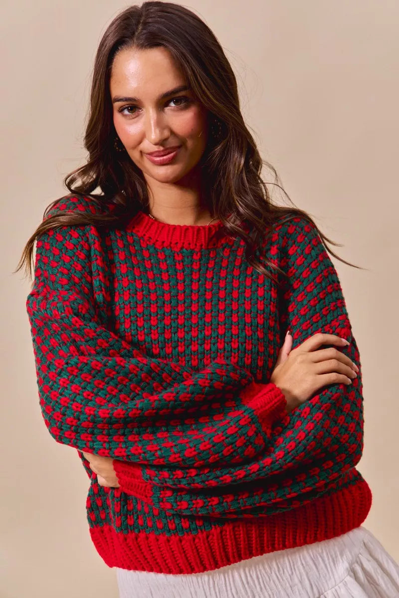 Red & Green Holiday Textured Two Tone Sweater-Reef Love