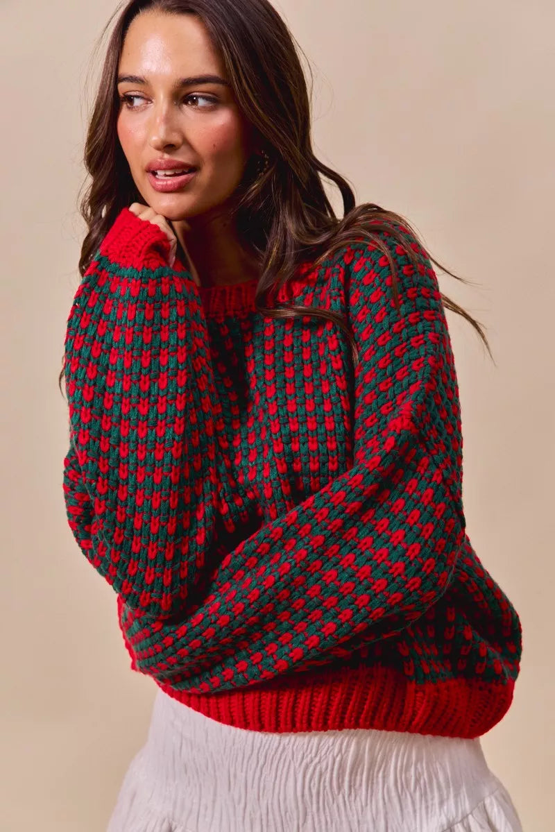 Red & Green Holiday Textured Two Tone Sweater-Reef Love