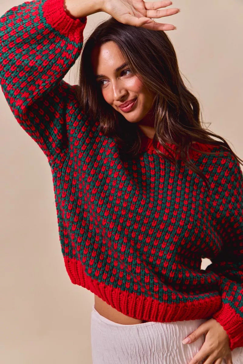 Red & Green Holiday Textured Two Tone Sweater-Reef Love
