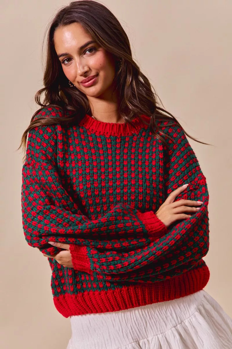 Red & Green Holiday Textured Two Tone Sweater-Reef Love