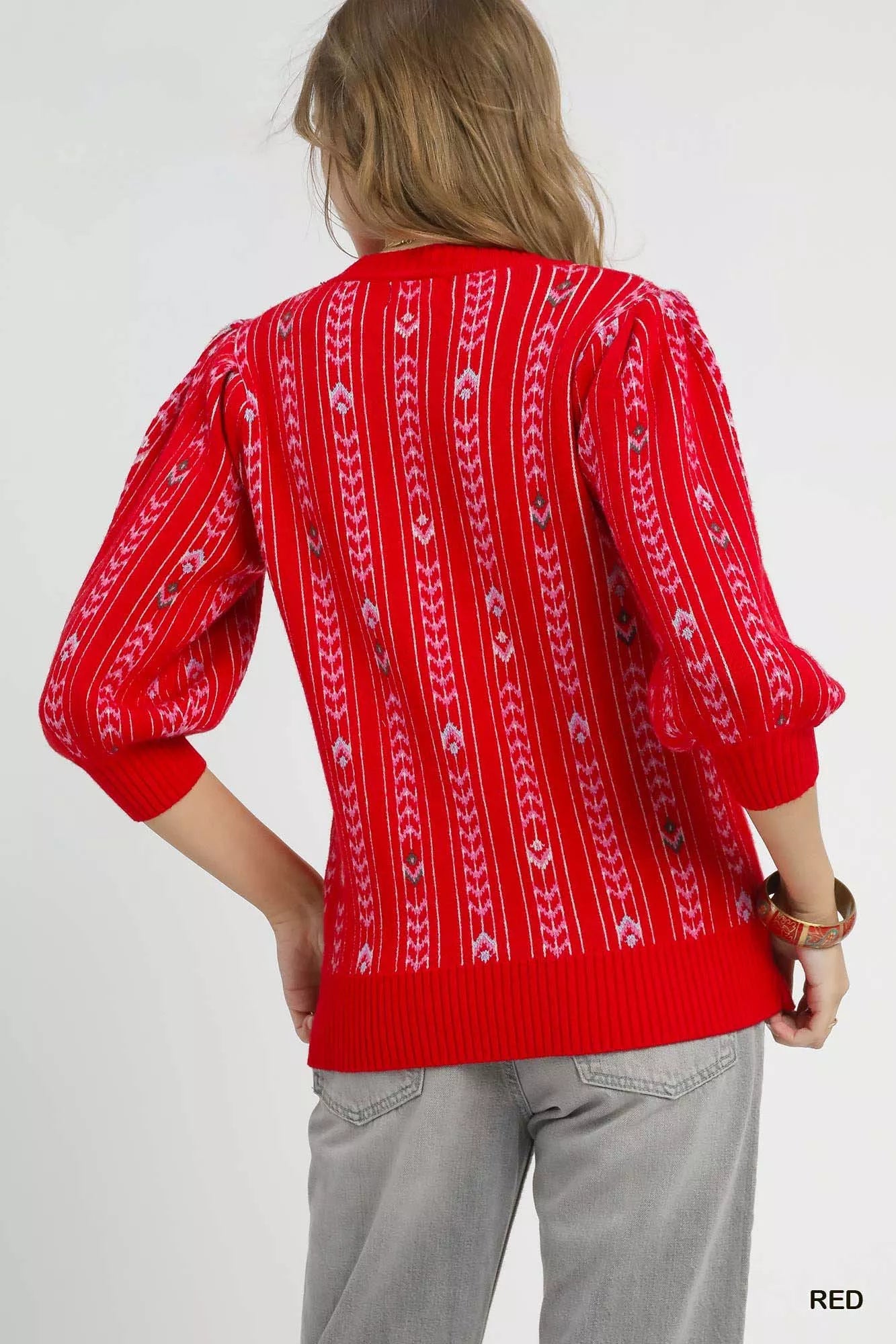 Umgee Jacquard Knit Puff Sleeve Sweater