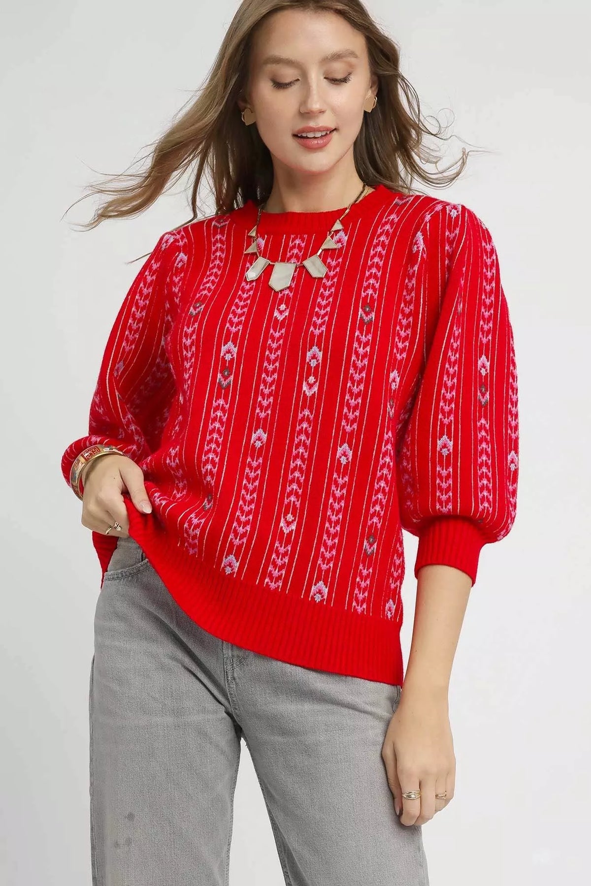 Umgee Jacquard Knit Puff Sleeve Sweater
