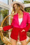 Red and Pink Color Block Peak Lapel Blazer-Red and pink color block blazer with peak lapel and single-button closure. A bold, fashion-forward layering piece for chic office or casual outfits.-Reef Love