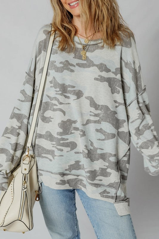 Retro Camouflage Exposed Seam Sweatshirt-The Retro Camouflage Exposed Seam Sweatshirt brings a fun retro vibe with a modern twist. Its laid-back fit and dropped shoulders create a cool, casual look. 
