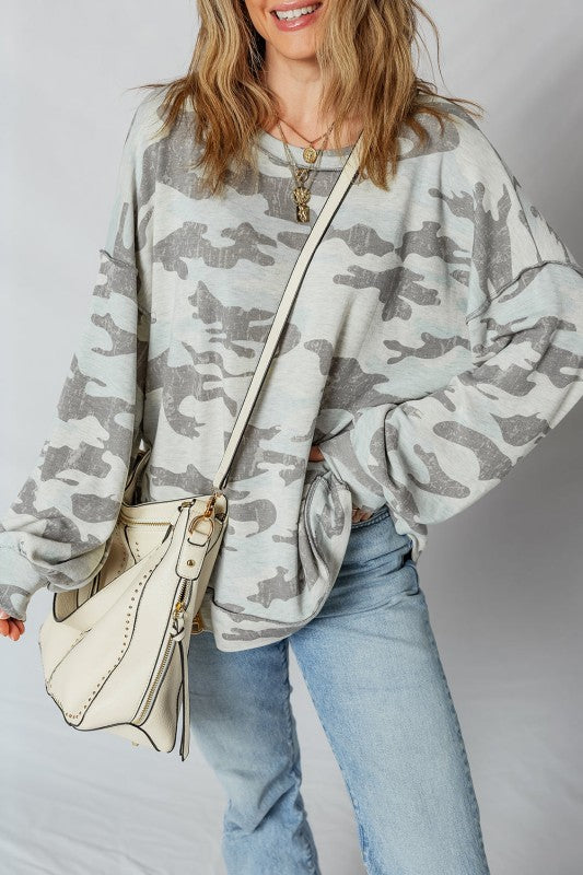Retro Camouflage Exposed Seam Sweatshirt-The Retro Camouflage Exposed Seam Sweatshirt brings a fun retro vibe with a modern twist. Its laid-back fit and dropped shoulders create a cool, casual look. 