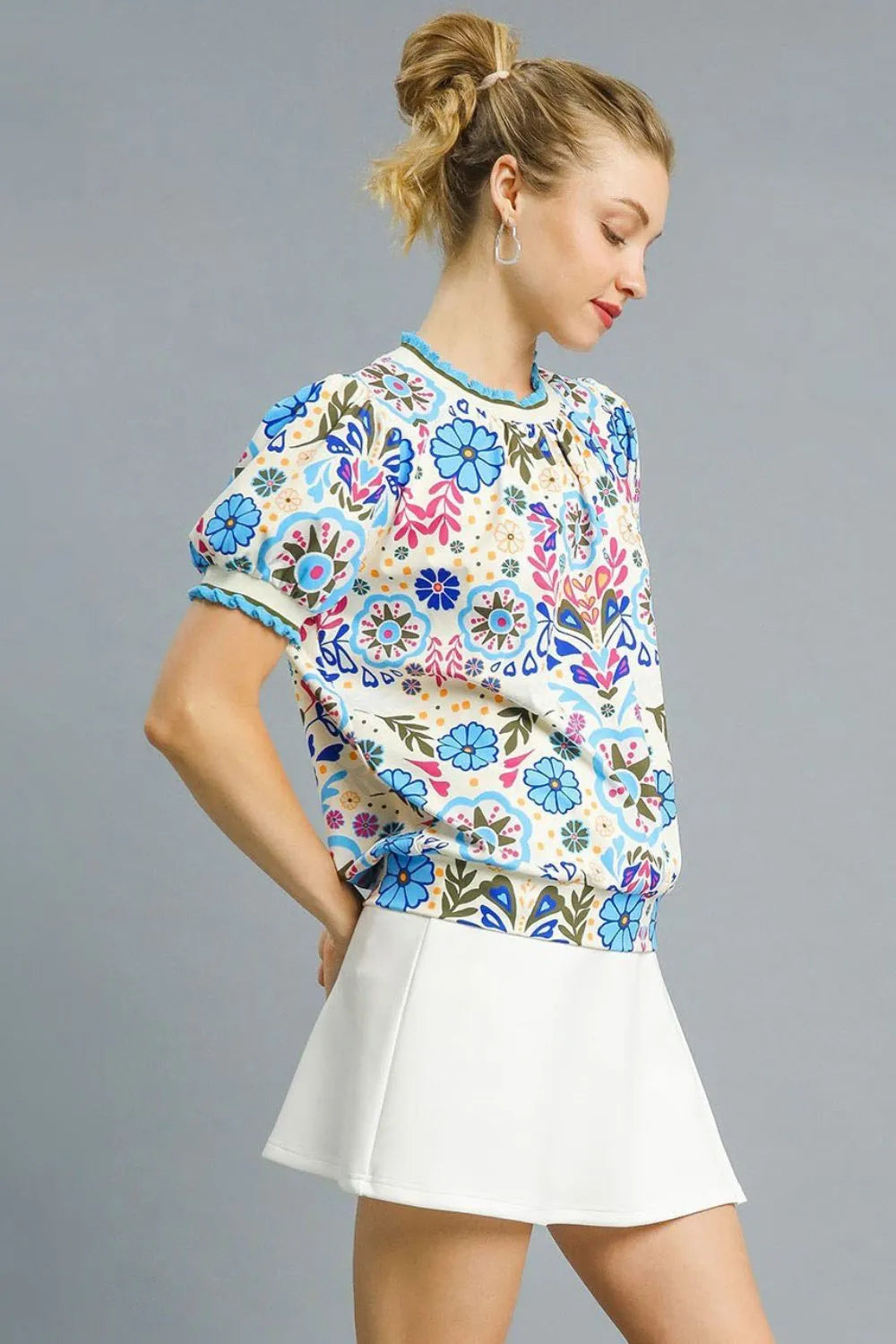 Retro Floral Puff Sleeve Top-short sleeve blouse-Reef Love