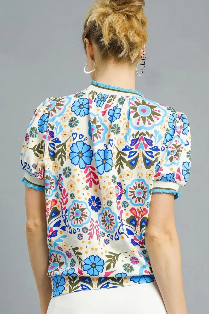 Retro Floral Puff Sleeve Top-short sleeve blouse-Reef Love