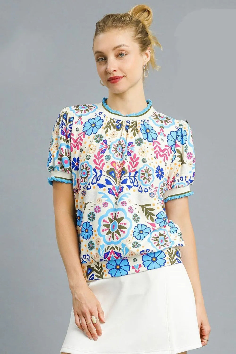 Retro Floral Puff Sleeve Top-short sleeve blouse-Reef Love
