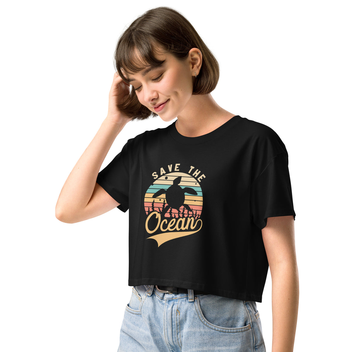 Retro Save the Ocean Turtle Reef Love Women’s Crop Tee- Boho Chic Styles by Reef Love