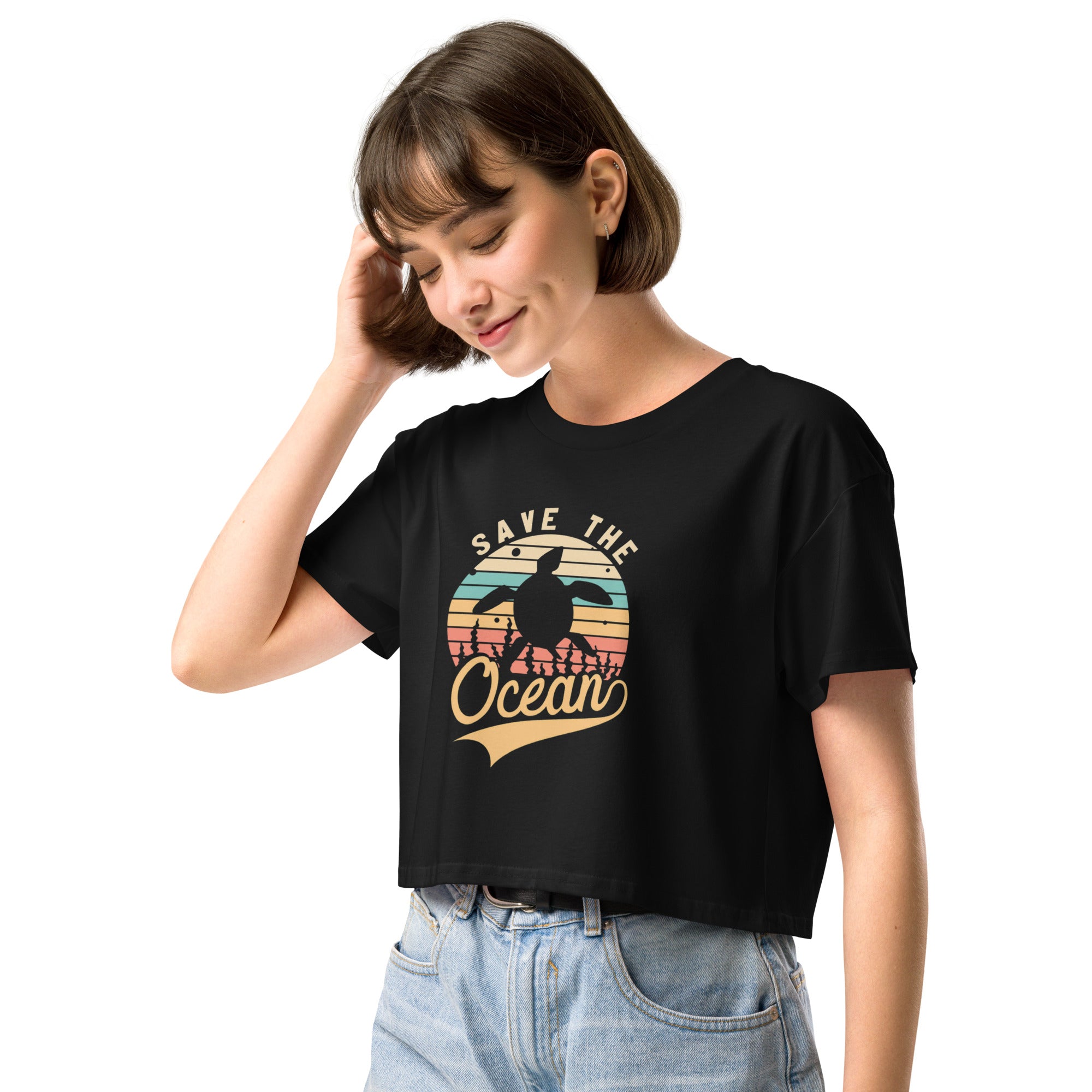 Retro Save the Ocean Turtle Reef Love Women’s Crop Tee- Boho Chic Styles by Reef Love
