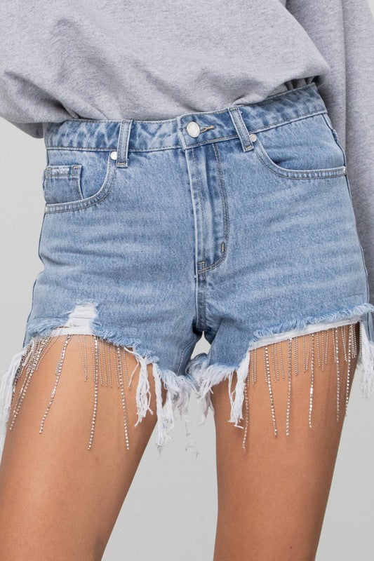 Rhinestone Distressed Tassel Denim Shorts-Denim Shorts-Insane Gene-Reef Love