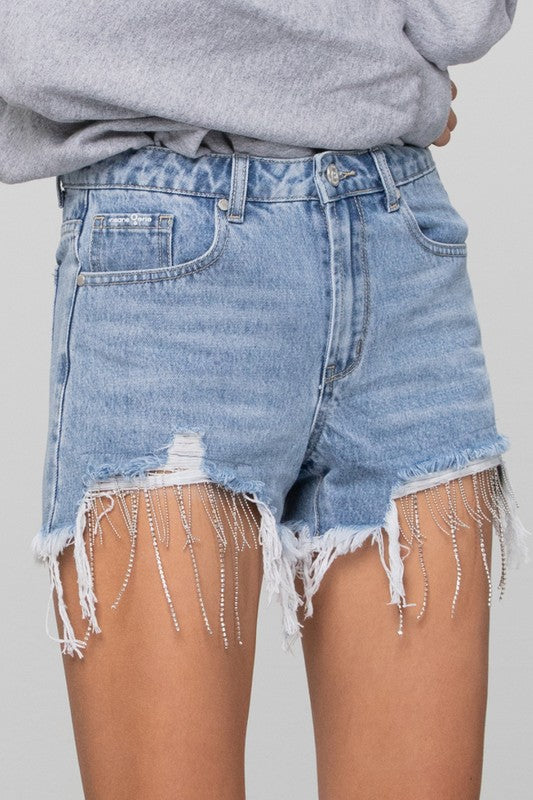 Rhinestone Distressed Tassel Denim Shorts-Denim Shorts-Insane Gene-Reef Love
