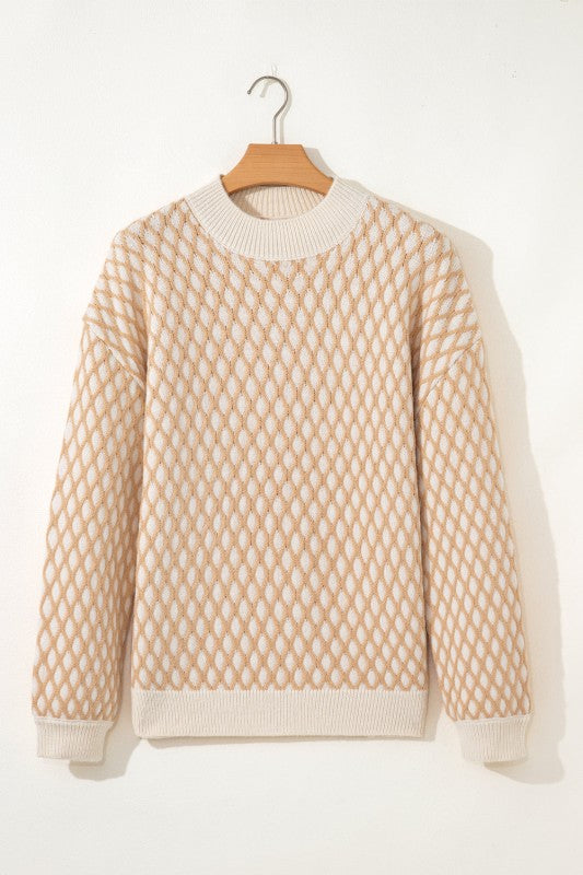 Rhombus Textured Knit Mock Neck Sweater-Reef Love